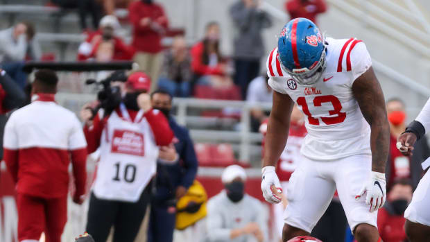 Ole Miss Football vs Arkansas on October 17th, 2020 in Fayetteville, Arkansas.Photo by Joshua McCoy/Ole Miss Athletics